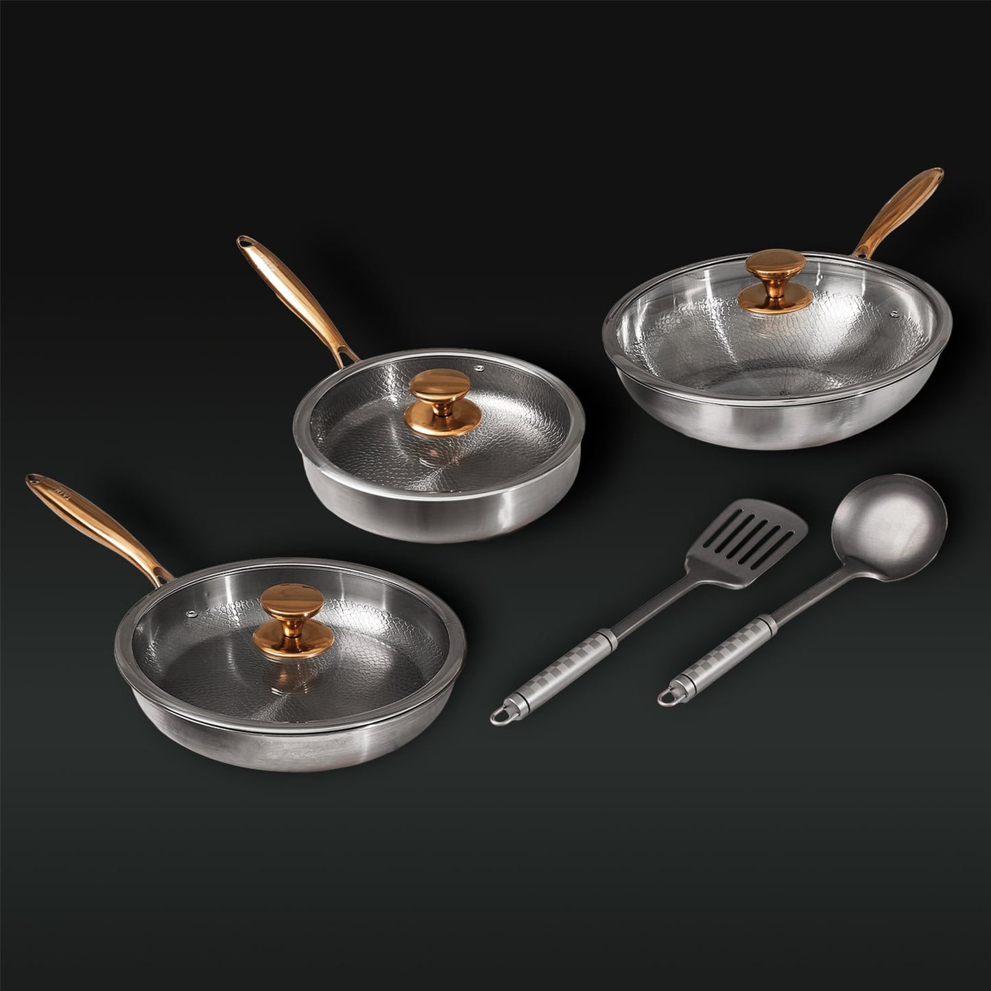 Set of Titanium cookware with bronze handles and lids
