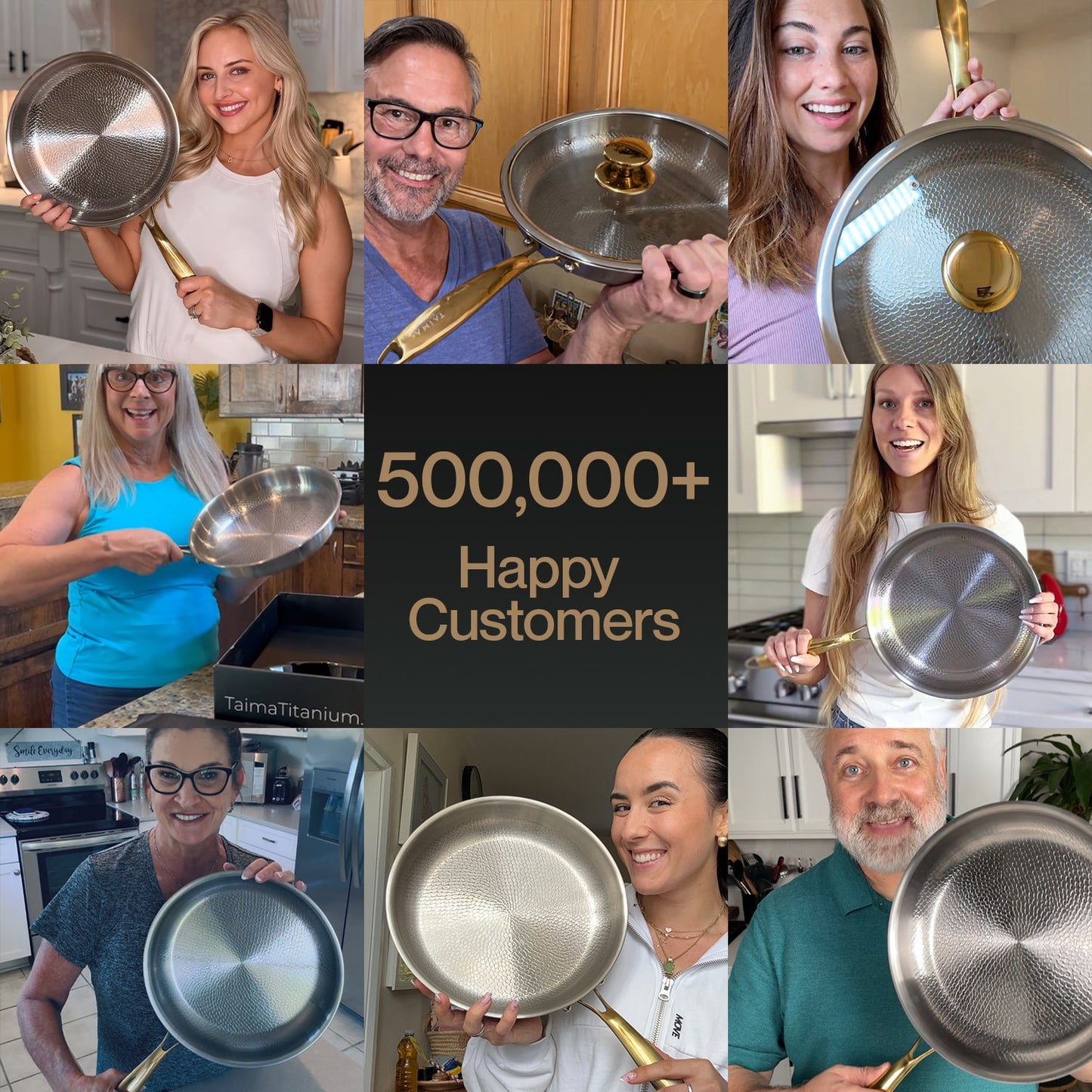 Collage of people holding a titanium frying pan with text '500,000+ Happy Customers' in the center.