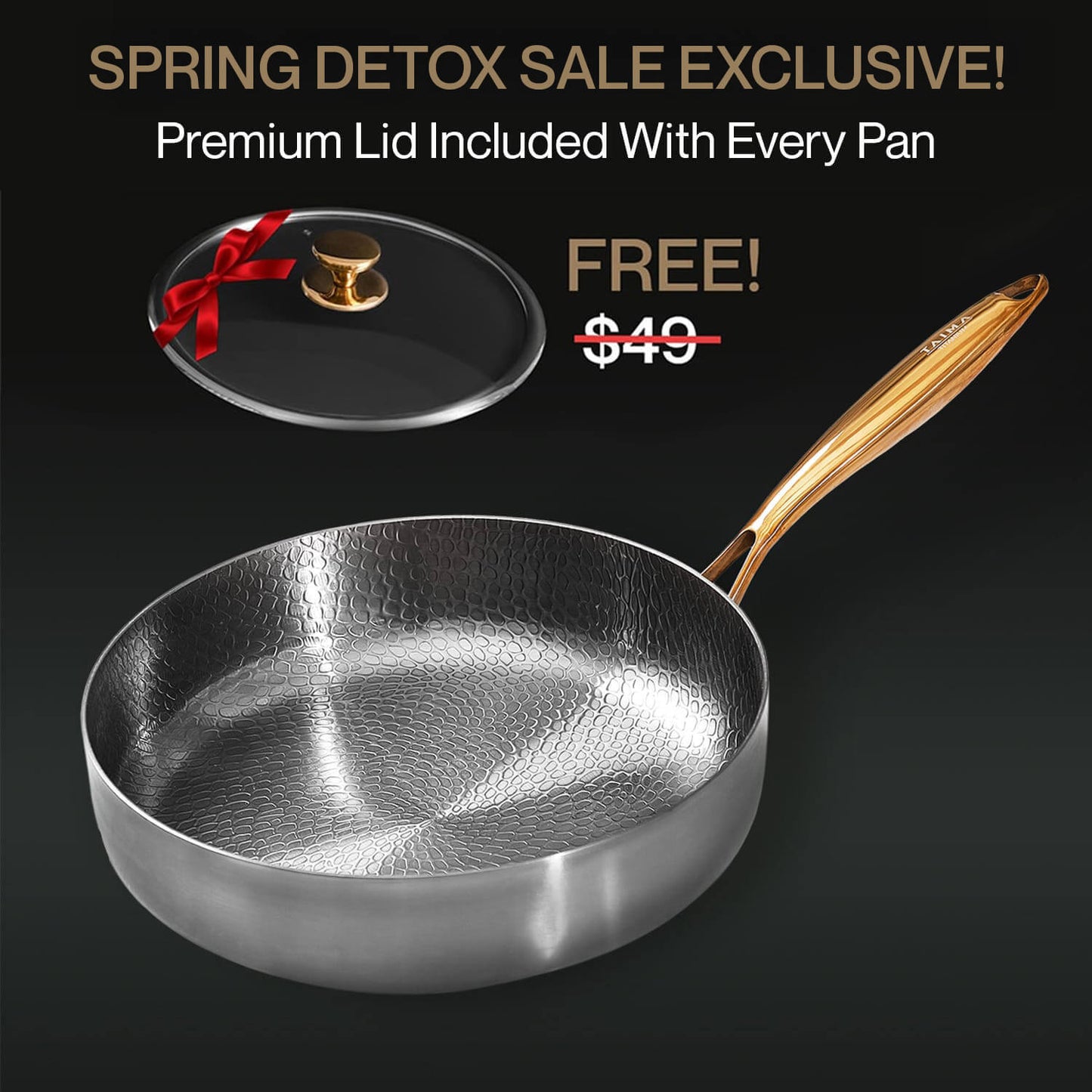 Titanium frying pan with gold handle