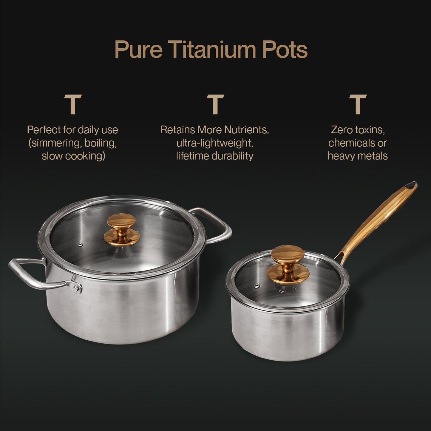 Pure Titanium Pots with features listed