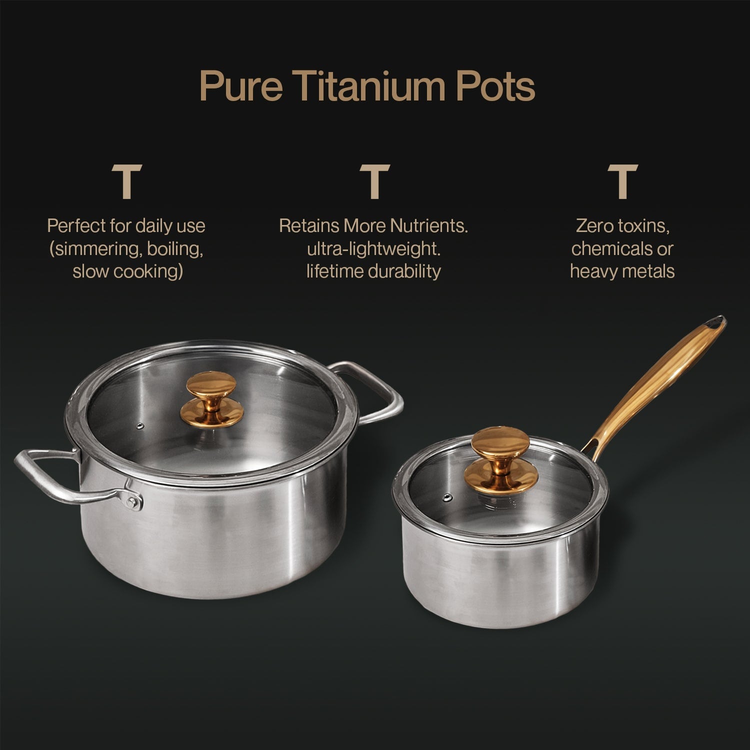 Pure Titanium Pots with features listed