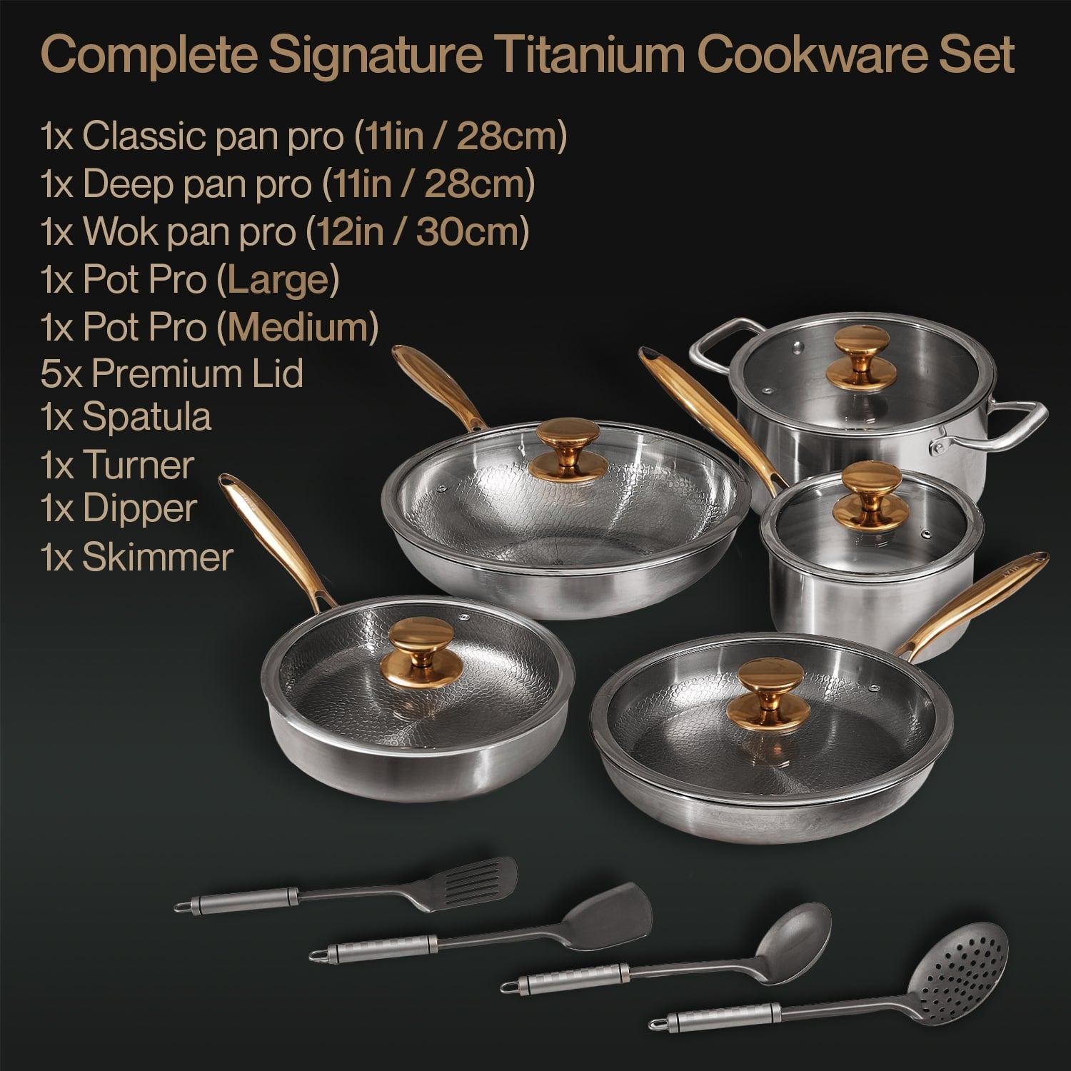 Complete Signature Titanium Cookware Set with various pots, pans, and utensils
