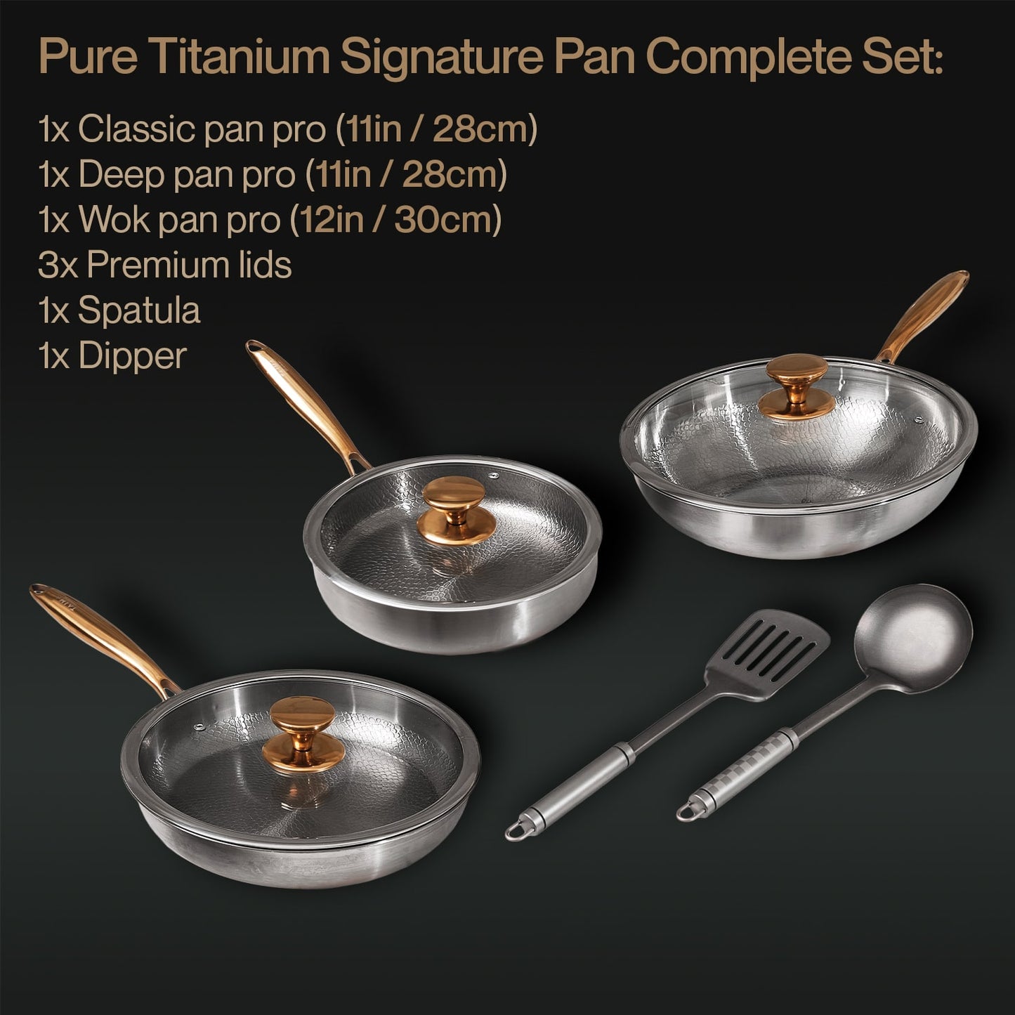 Pure Titanium Signature Pan Complete Set with pans, lids, spatula.