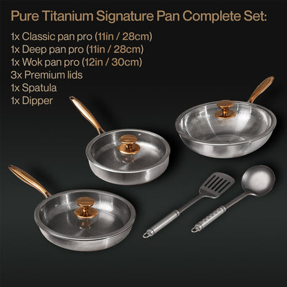 Pure Titanium Signature Pan Complete Set with pans, lids, spatula.