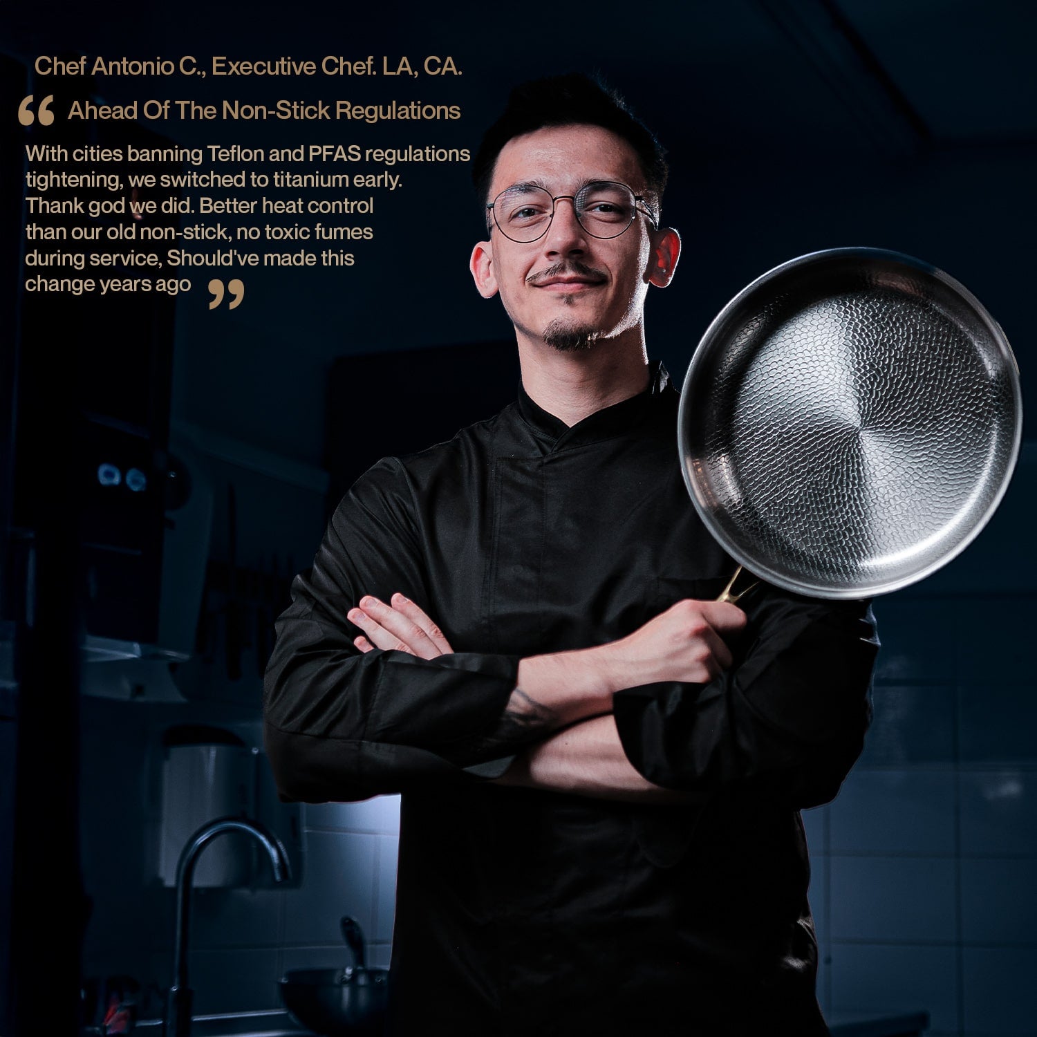 Chef holding a non-stick frying pan in a kitchen setting with text about non-stick regulations.
