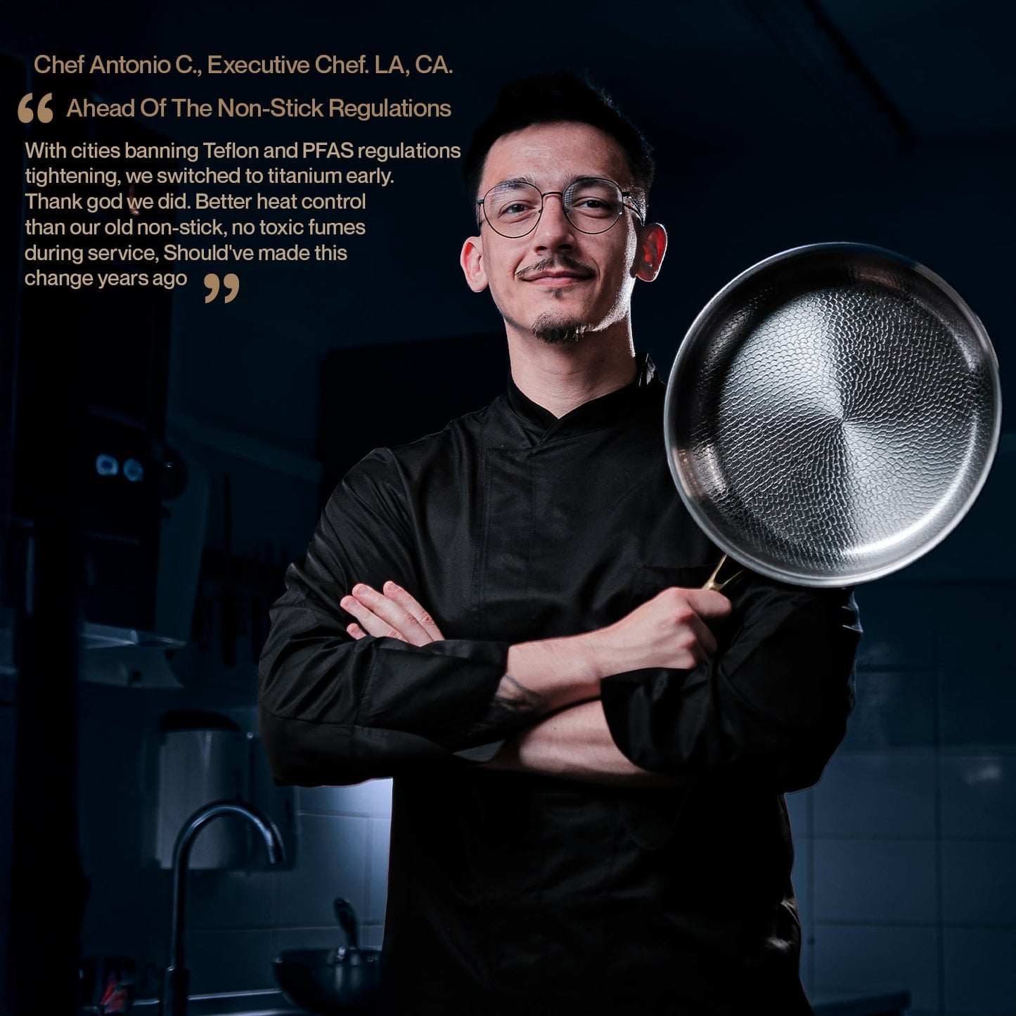 Chef holding a titanium frying pan in a kitchen setting with text about non-stick regulations.