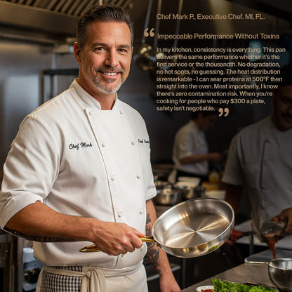 Chef Mark P. holding a frying Titanium pan in a professional kitchen setting