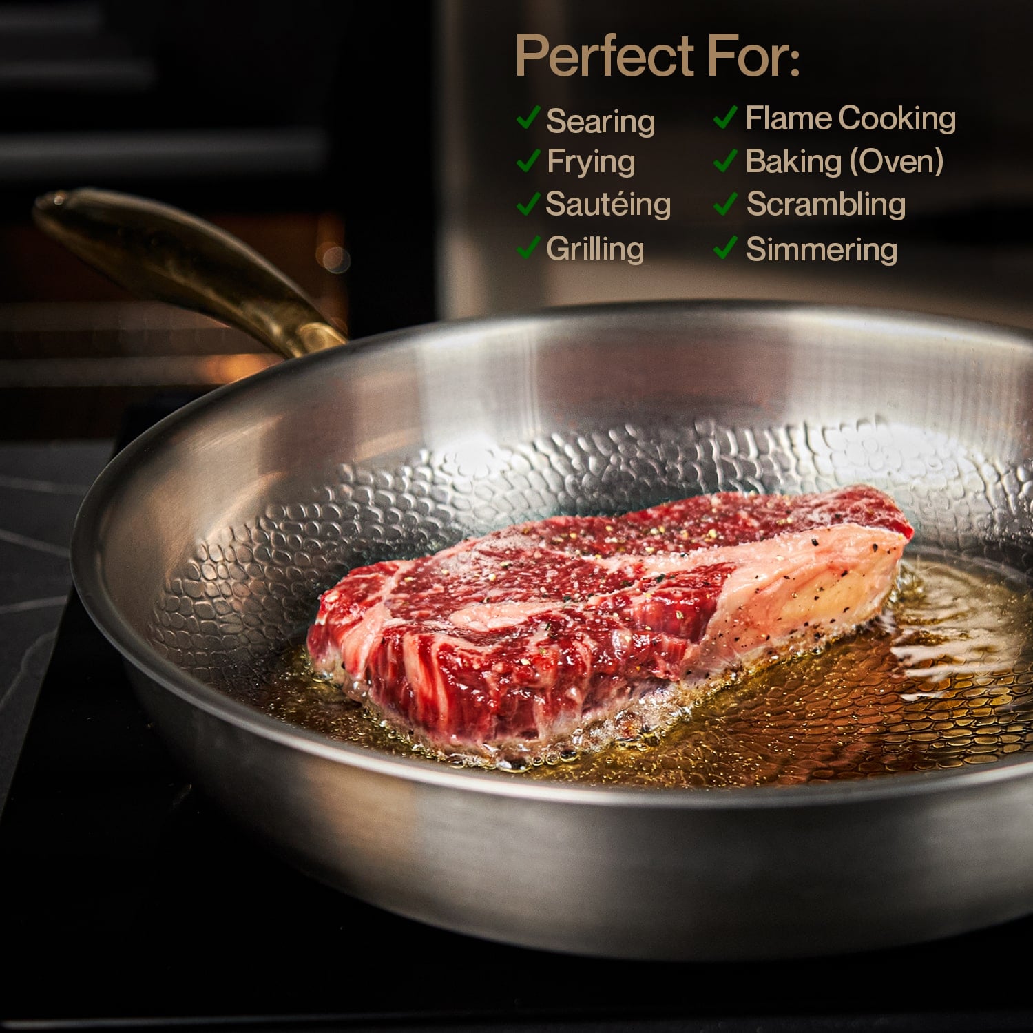 Stainless steel frying pan with a steak being cooked, featuring text on uses.