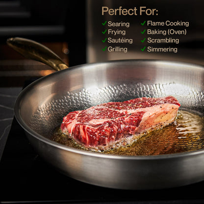 Stainless steel frying pan with a steak being cooked, featuring text on uses.