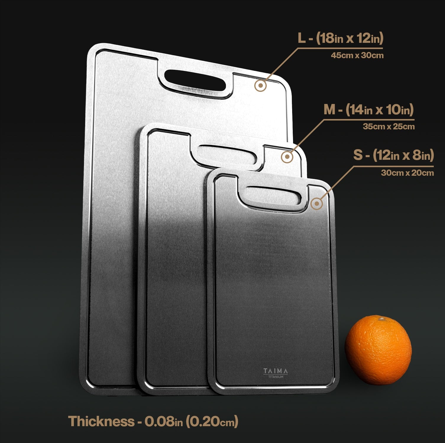 Three metal cutting boards of different sizes with dimensions