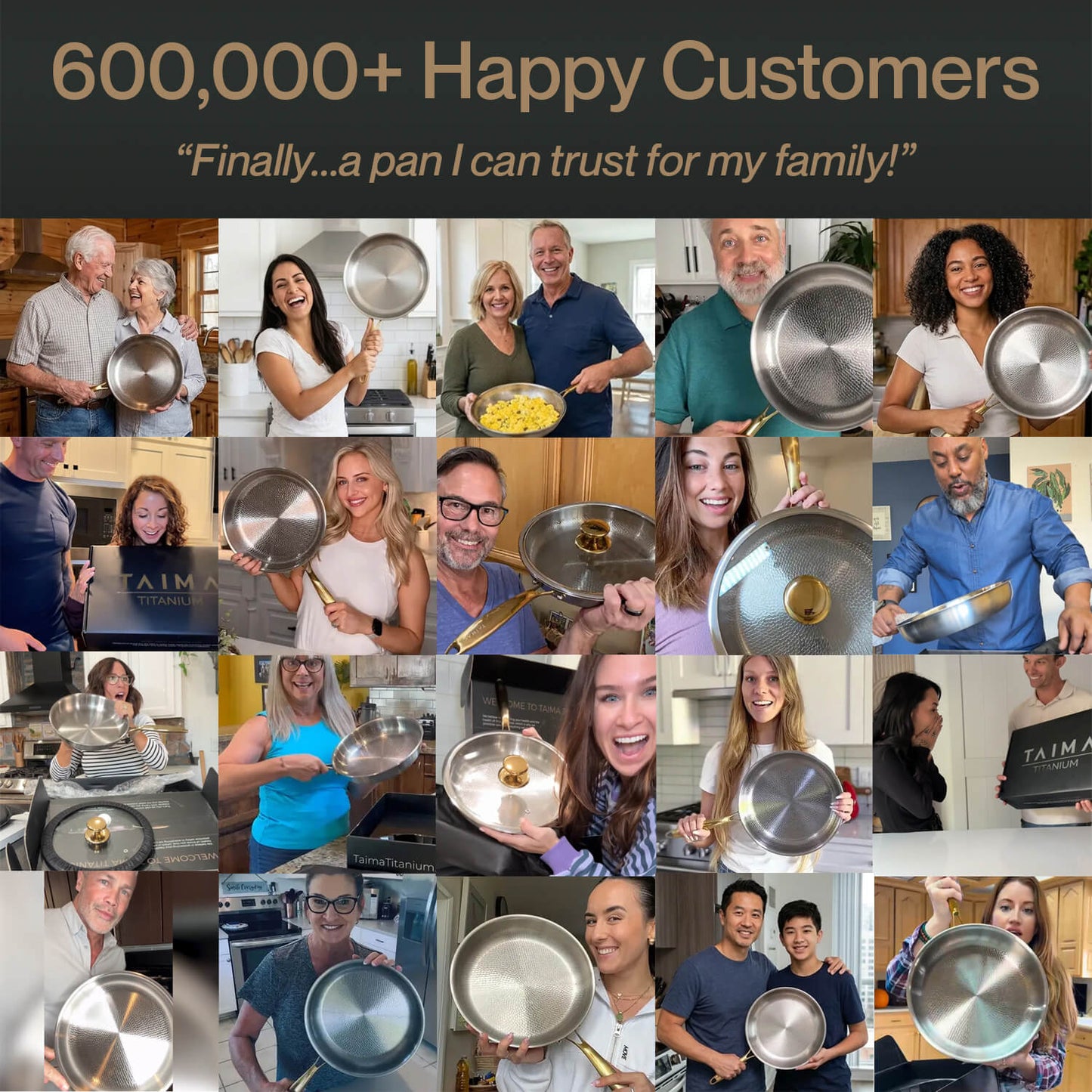 Collage of people holding Taima cookware with text about customer satisfaction.
