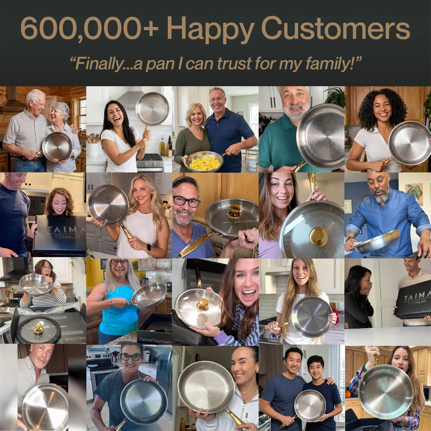 Collage of people holding Taima cookware with text about customer satisfaction.