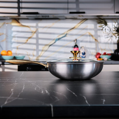 Titanium frying pan with lid on a kitchen counter
